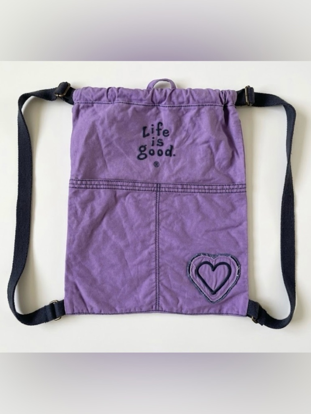 Life Is Good Purple Drawstring Backpack with Dark Straps